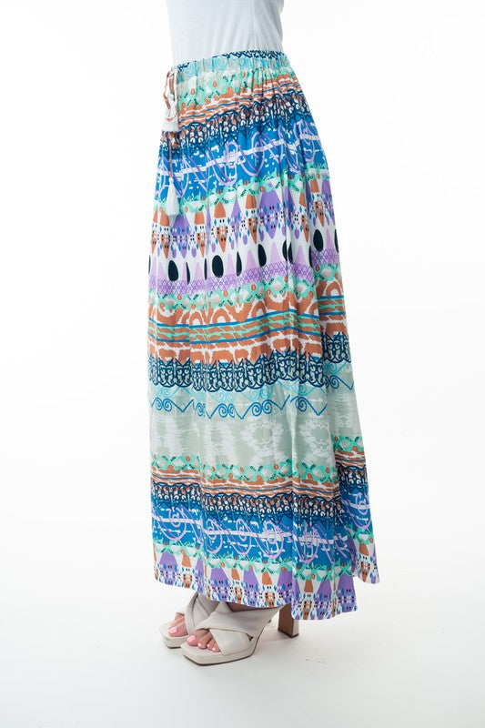 Printed Elastic Waist Band Long Skirt with Tassels
