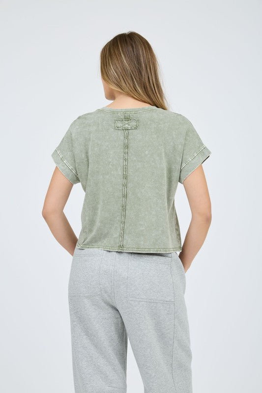 Round neck Acid Wash Crop Tee – Sage