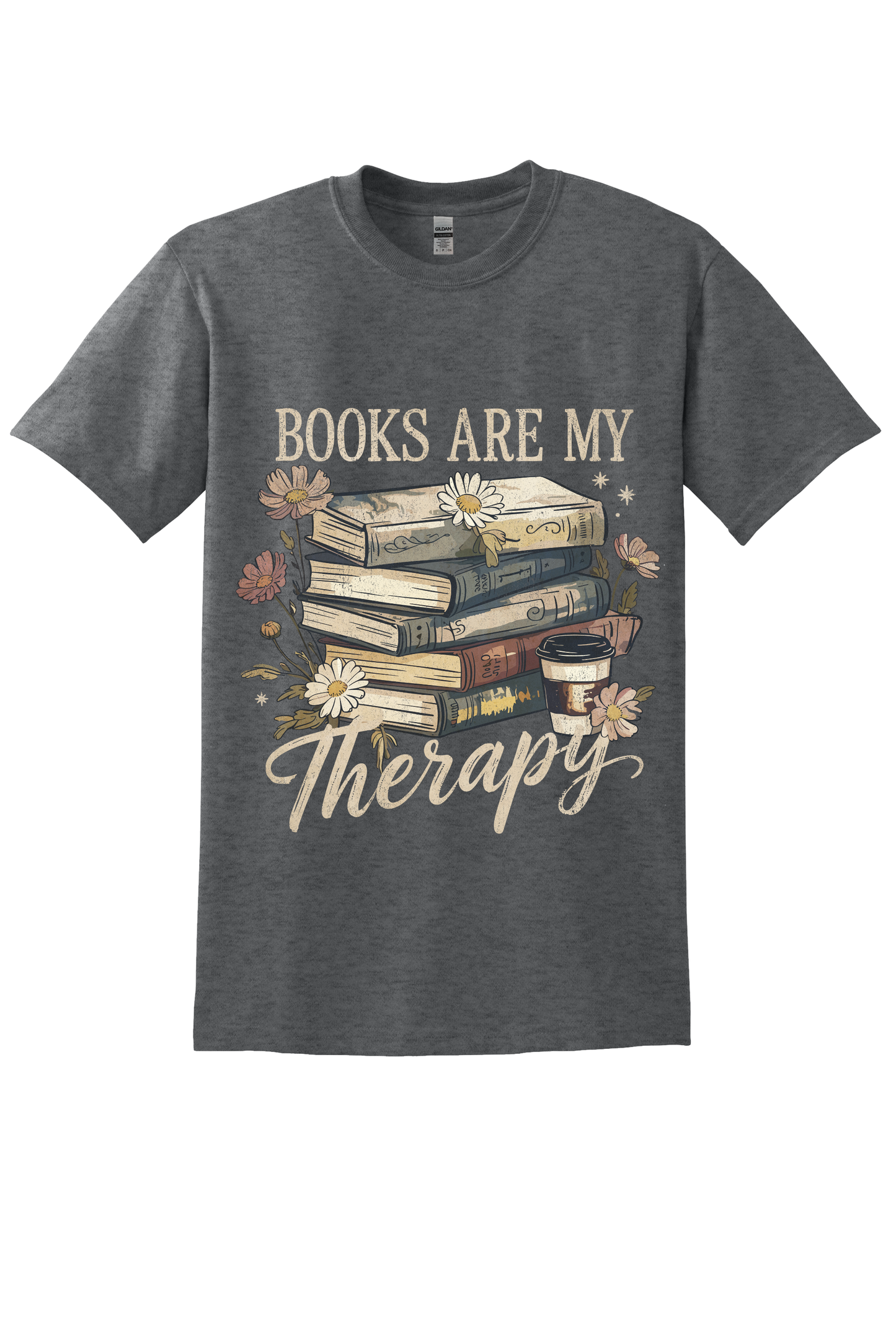 Dark gray t-shirt with 'Books are my Therapy' graphic design on a white background