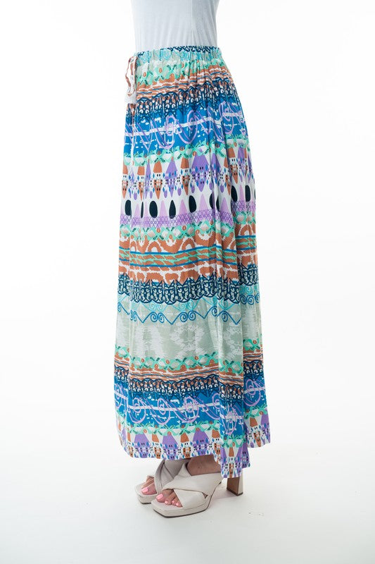 Printed Elastic Waist Band Long Skirt with Tassels