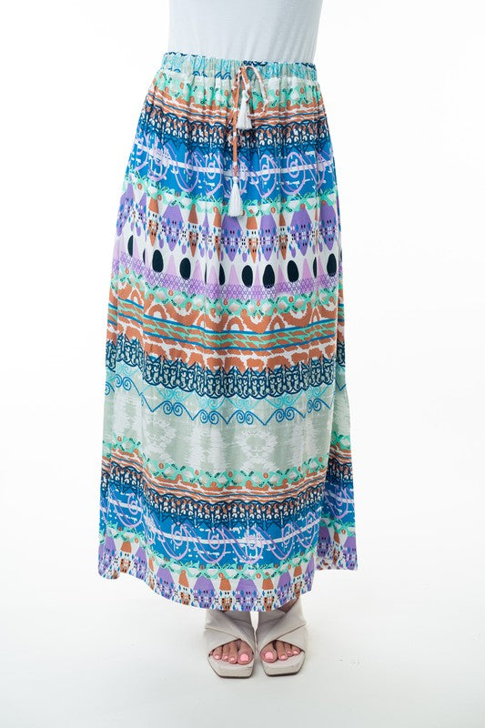 Printed Elastic Waist Band Long Skirt with Tassels
