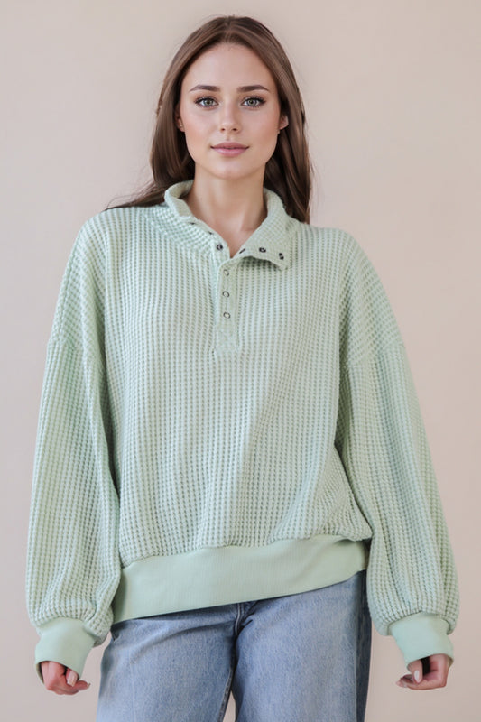 Mint Waffle Knit Snap Pullover
