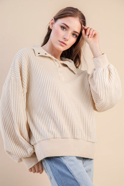 Cream Waffle Knit Snap Pullover