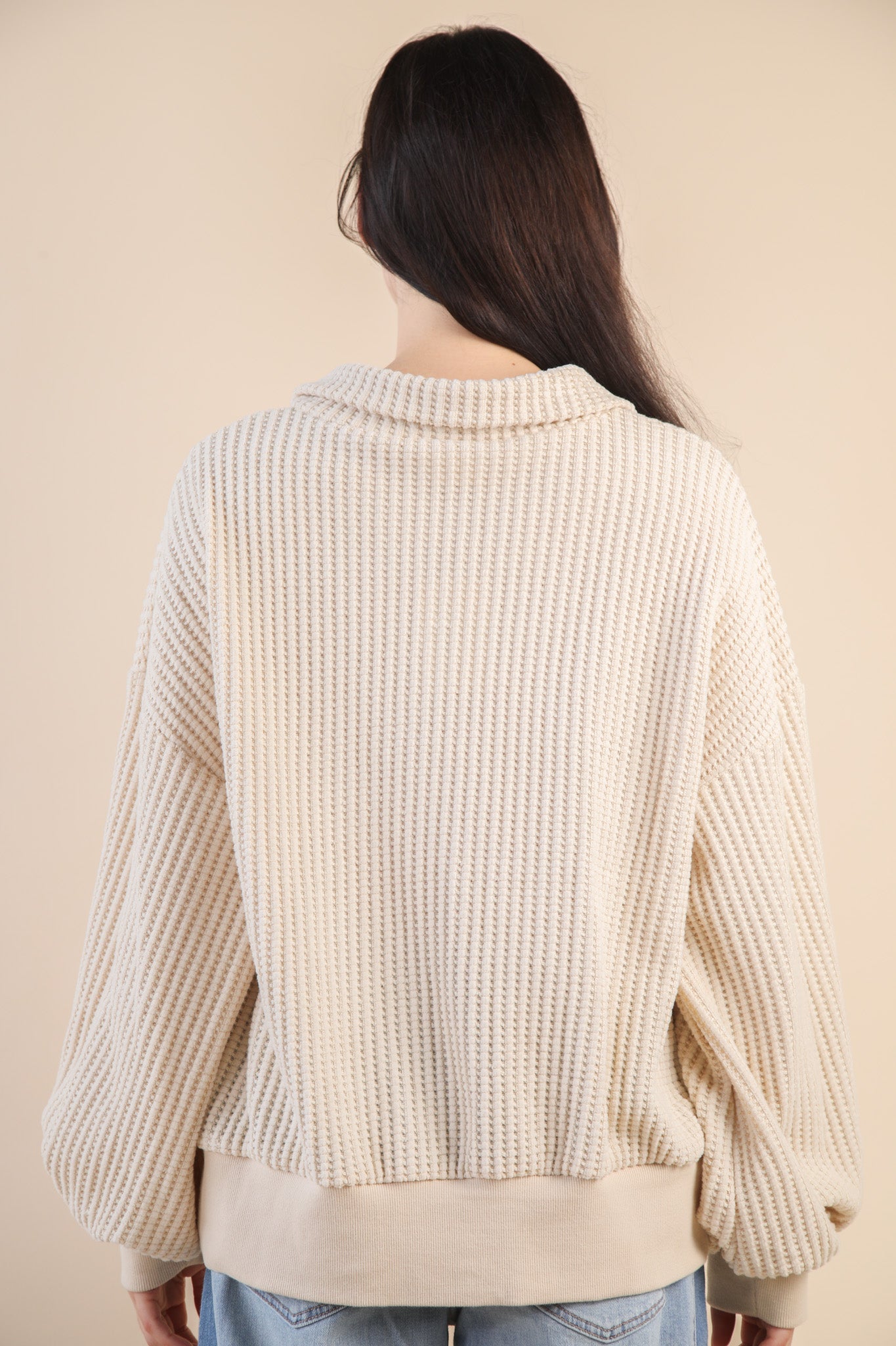Cream Waffle Knit Snap Pullover