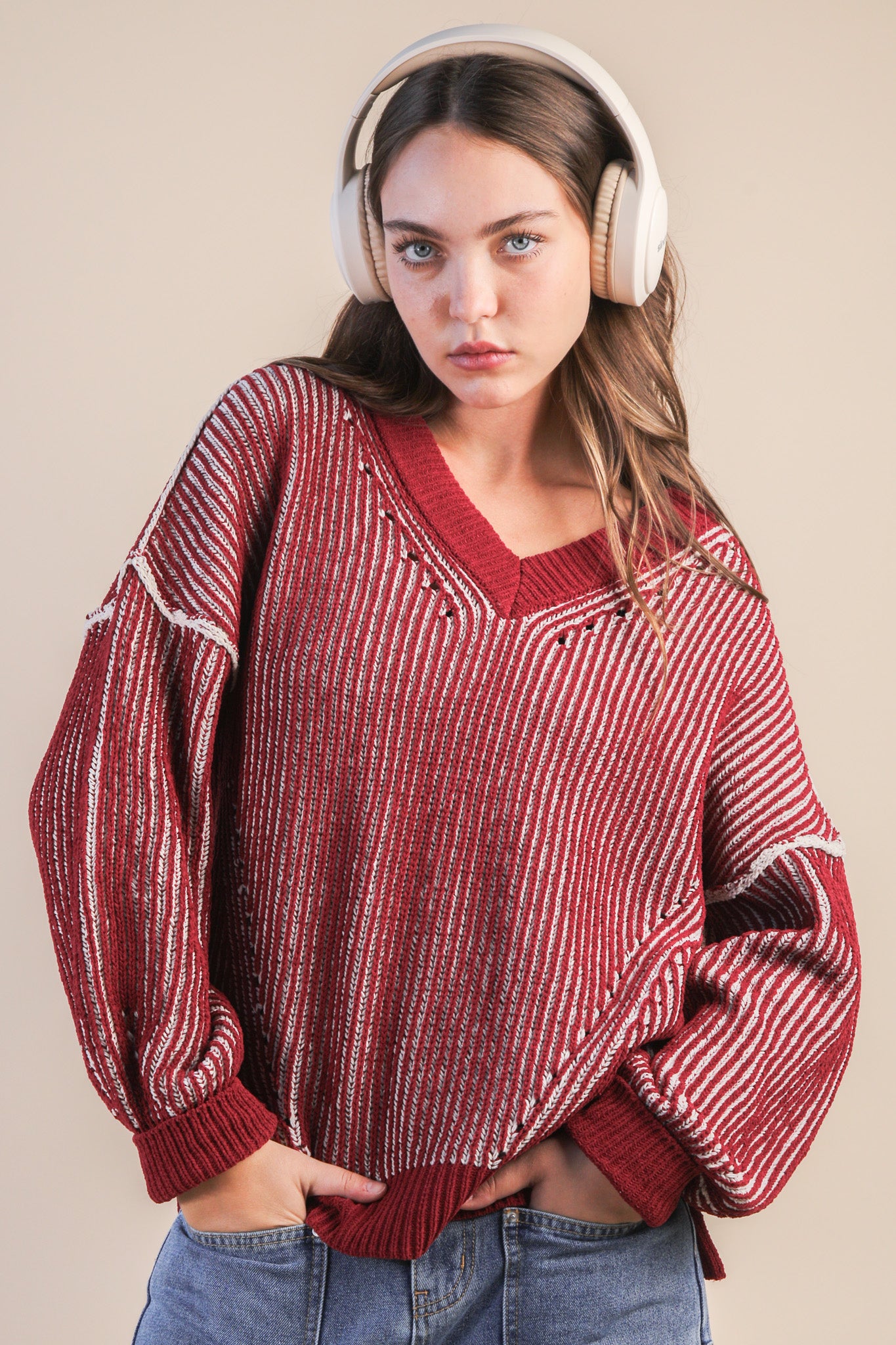 Cozy Red & White Striped Knit Sweater – Oversized V-Neck Pullover