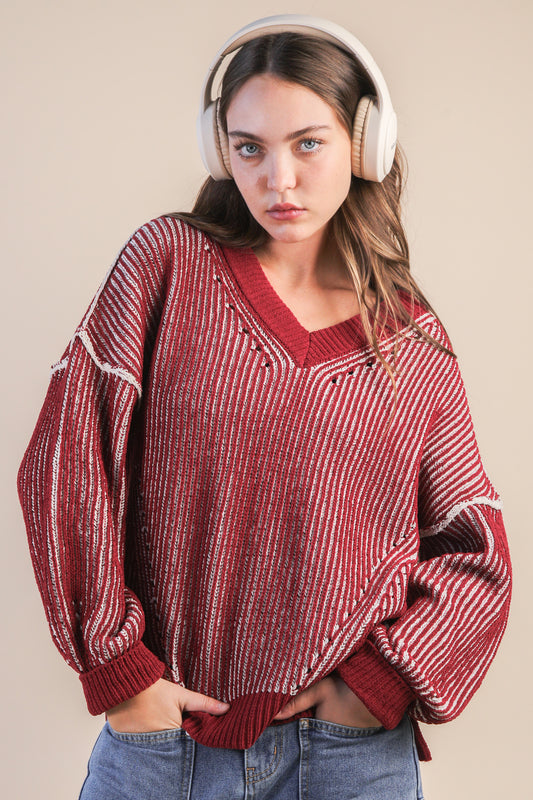 Cozy Red & White Striped Knit Sweater – Oversized V-Neck Pullover