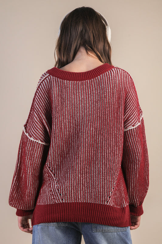 Cozy Red & White Striped Knit Sweater – Oversized V-Neck Pullover