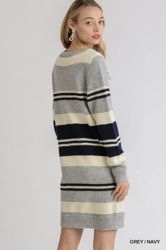 Cozy Striped Sweater Dress – Grey + Navy