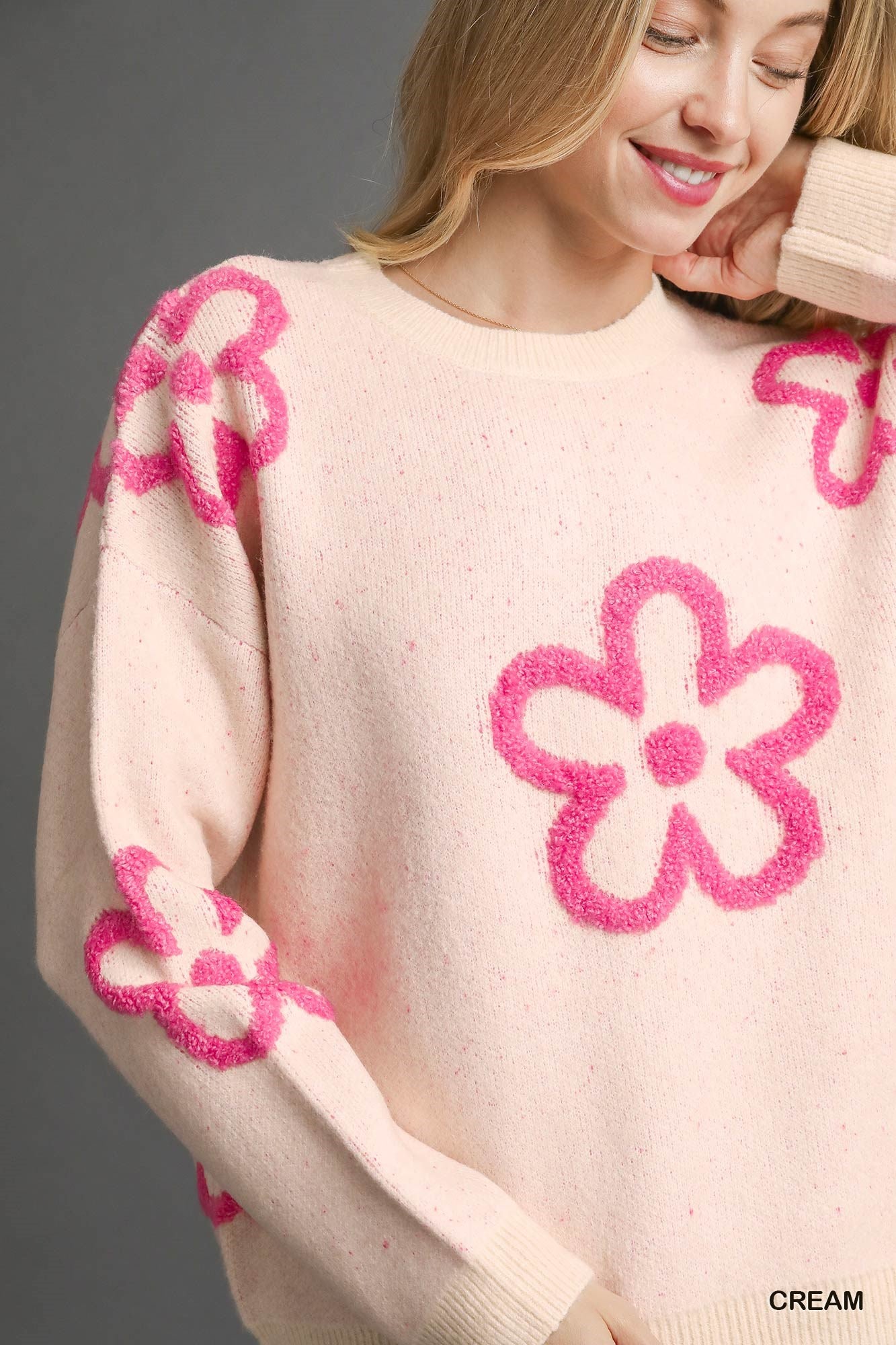 Knit Sweater with Pink Floral Accents