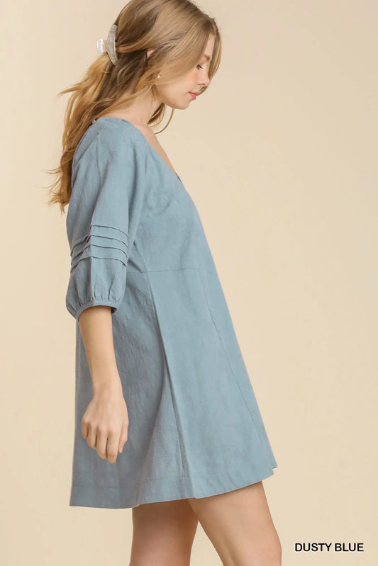 Dusty Blue Textured V-Neck Dress