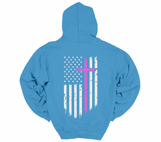 Women’s Baby Blue Humble Hoodie – Pink Cross & H with White Flag