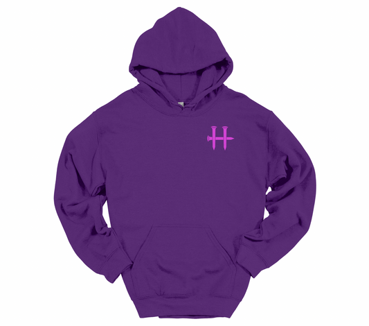 Women’s Dark Purple Humble Hoodie – Pink Cross, Pink H & White Flag