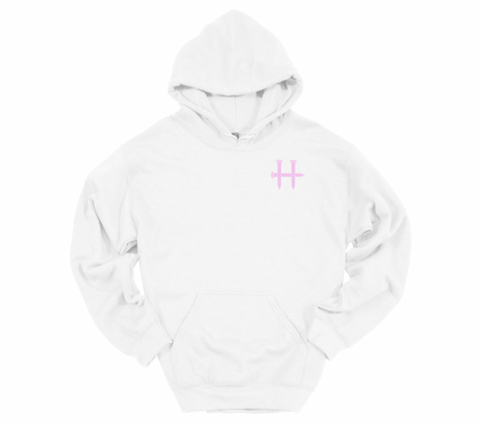 Women’s White Humble Hoodie – Pink Flag & H Design