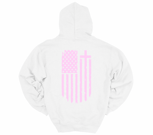 Women’s White Humble Hoodie – Pink Flag & H Design