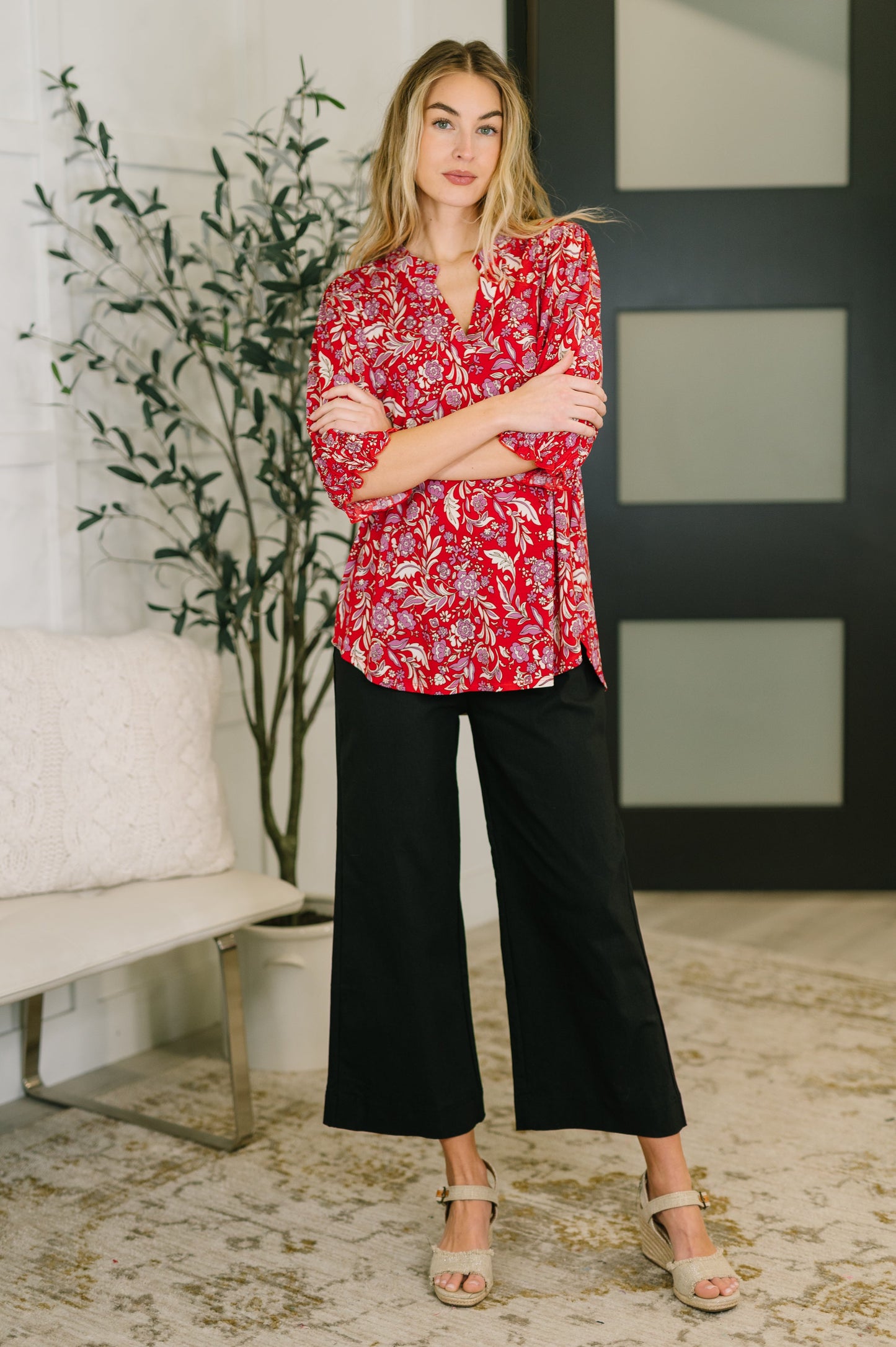 Lizzy Smock Top in Red and Pink Floral