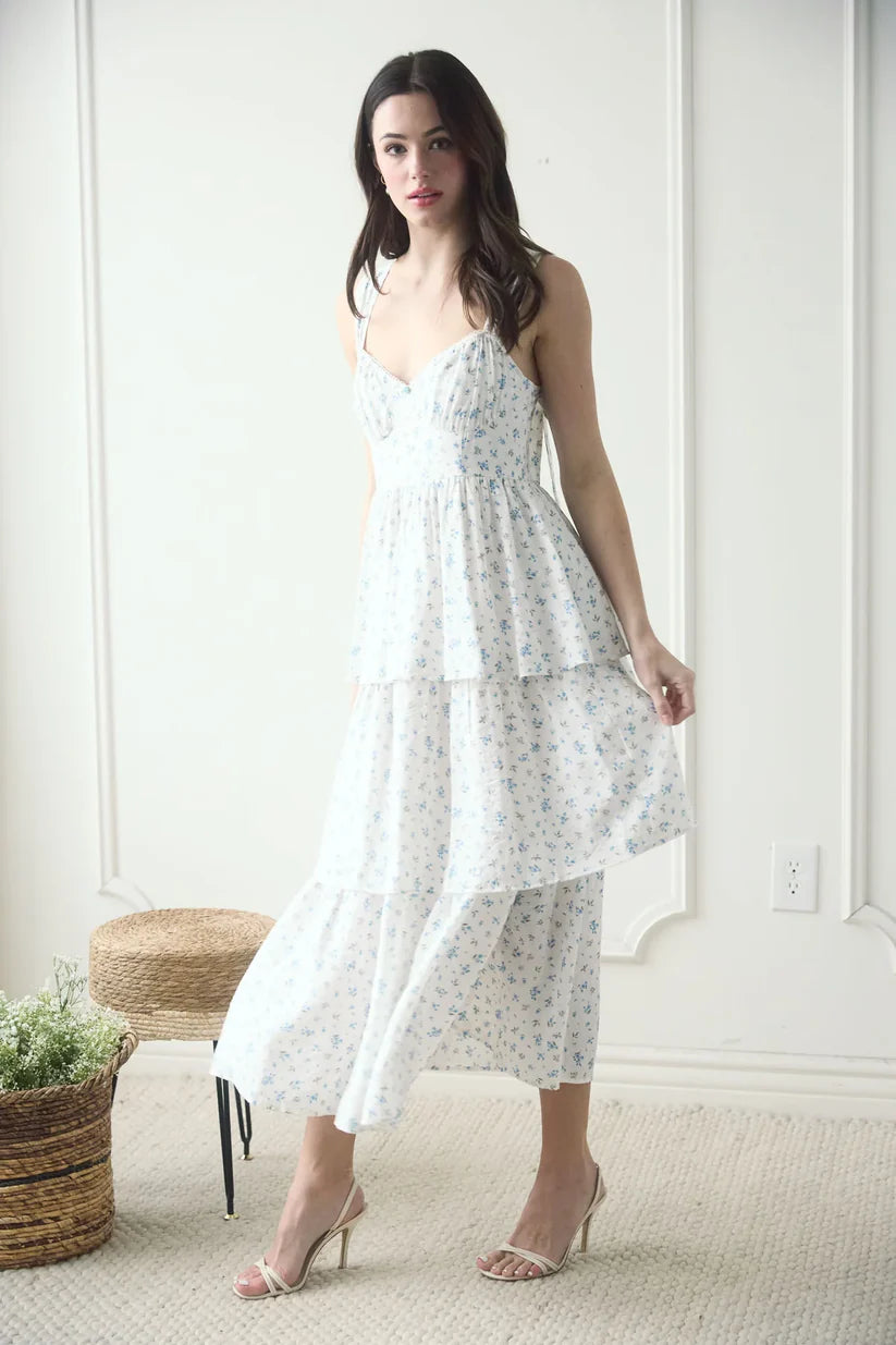 Blue Floral Tiered Maxi Dress