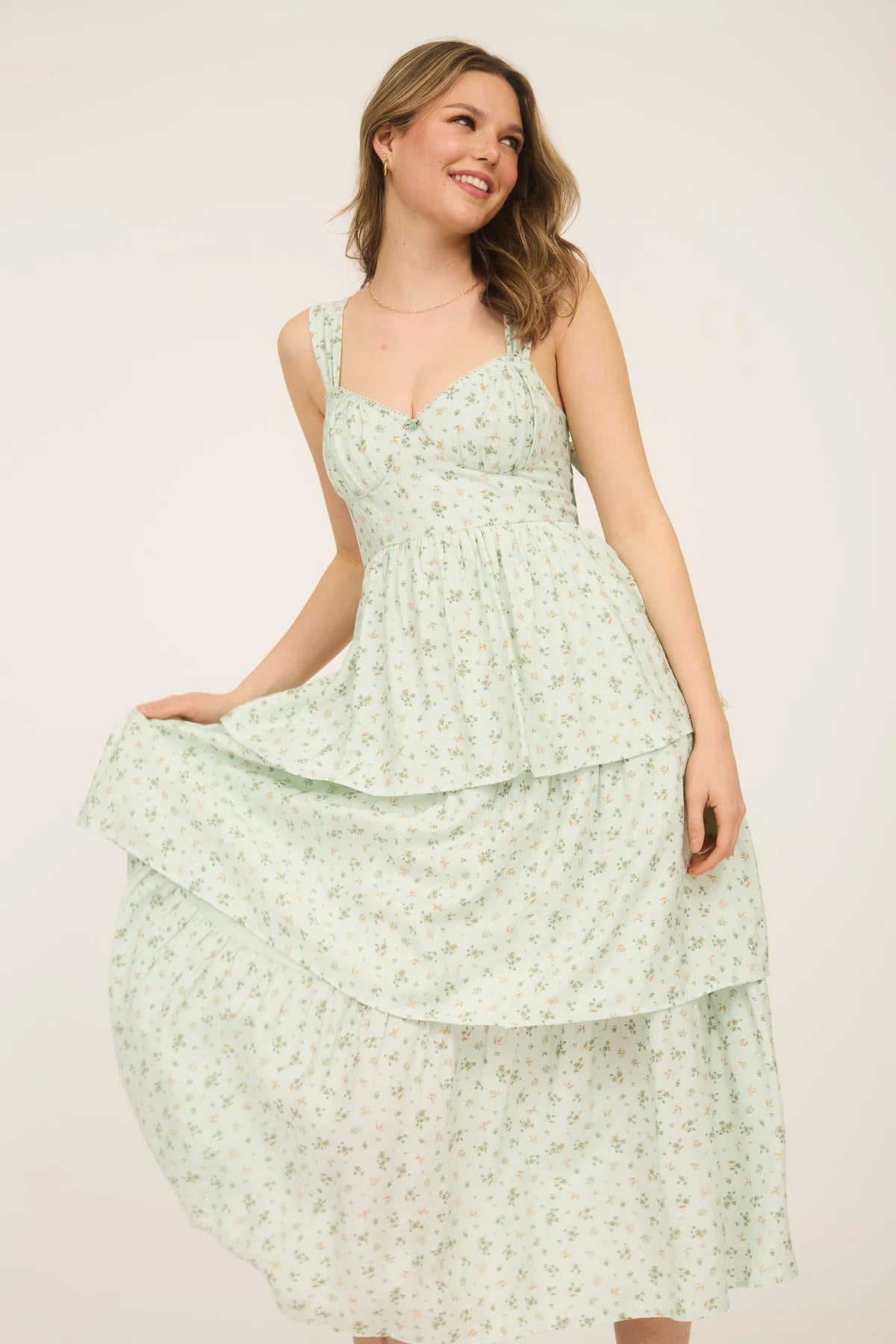 Floral Sleeveless Corset Midi Dress- Sage Green