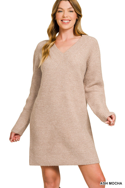 Wrapped in Grace Vneck Sweater Dress - Ash Mocha