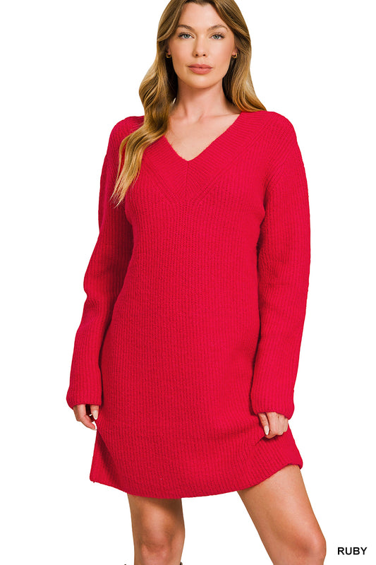 Wrapped in Grace Vneck Sweater Dress - Ruby