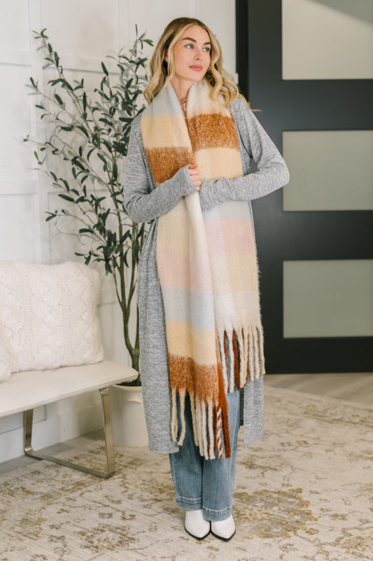 Oversized Plaid Fringe Scarf in Light Brown