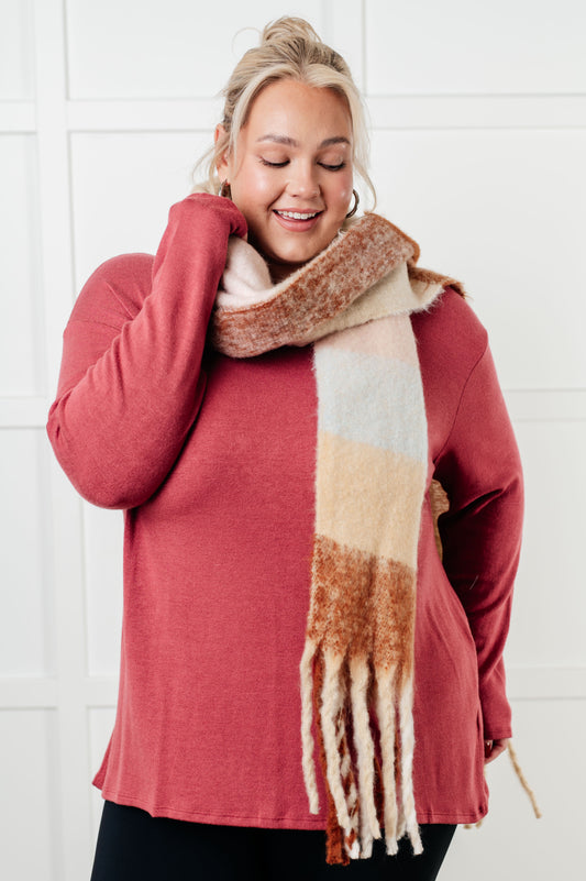 Oversized Plaid Fringe Scarf in Light Brown