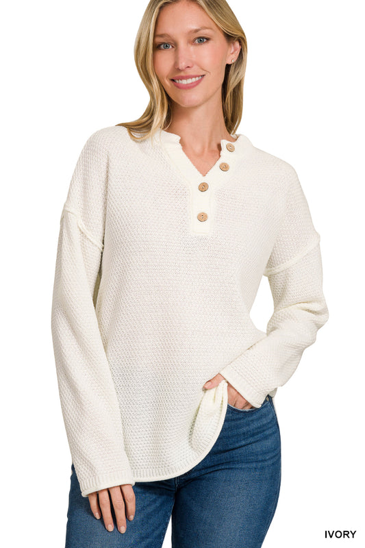 Waffle Knit Button Henley – Ivory