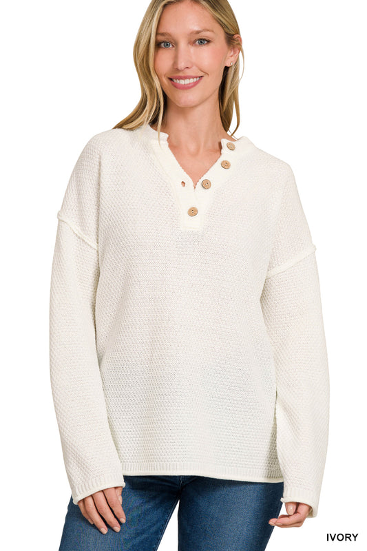 Waffle Knit Button Henley – Ivory